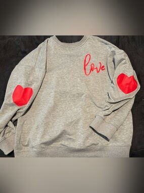 Grey Crewneck Sweatshirt with Red 'Love' and Heart Elbow Patches